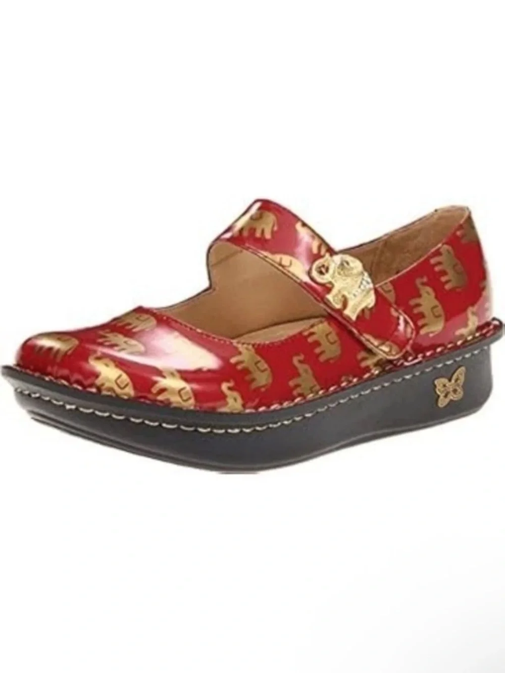 Alegria patent Red leather Mary Jane Platforms with Gold Elephant Accents